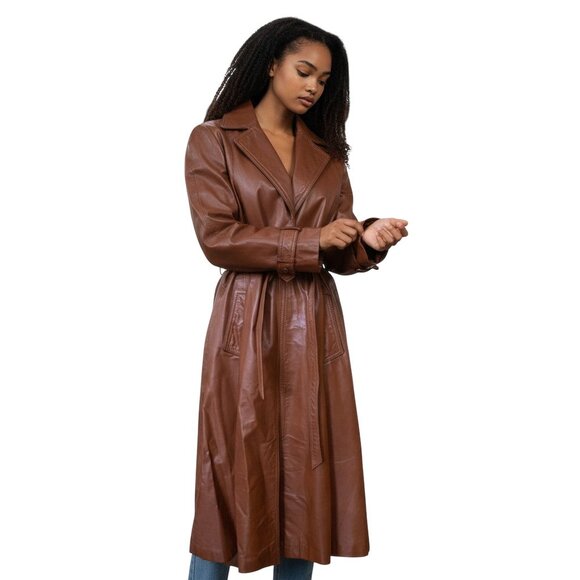 Vintage 70s Wilsons Leather Trench Coat Cognac Brown Belted Size 14 - Picture 2 of 16